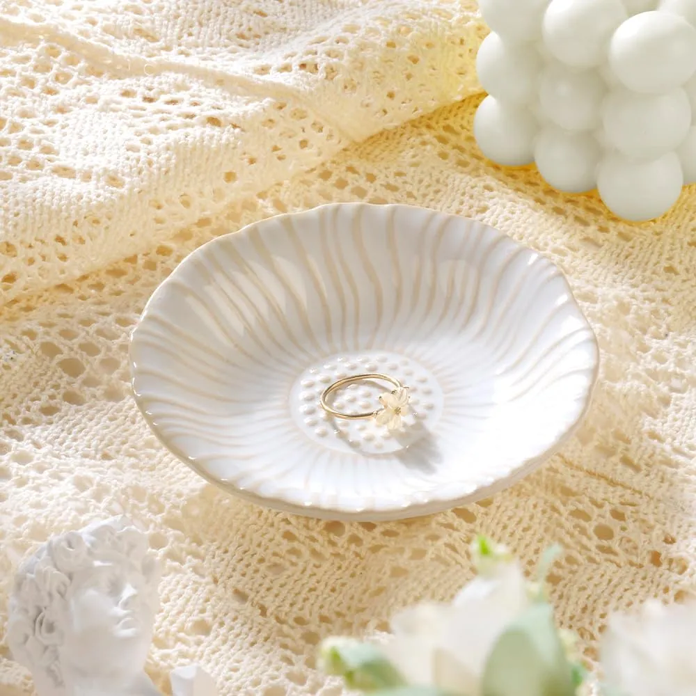 Sunflower Ring Tray Cute Paper Clips Candy Dish Ashtray in Office, Decorative Trinket Jewelry Holder for Necklace Earrings Put On Bathroom/Kitchen Counters, Ceramic, White.