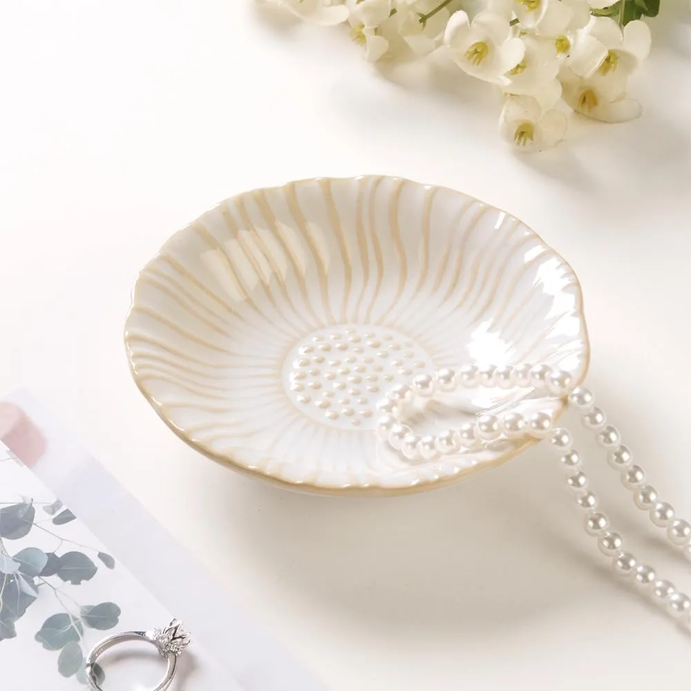 Sunflower Ring Tray Cute Paper Clips Candy Dish Ashtray in Office, Decorative Trinket Jewelry Holder for Necklace Earrings Put On Bathroom/Kitchen Counters, Ceramic, White.