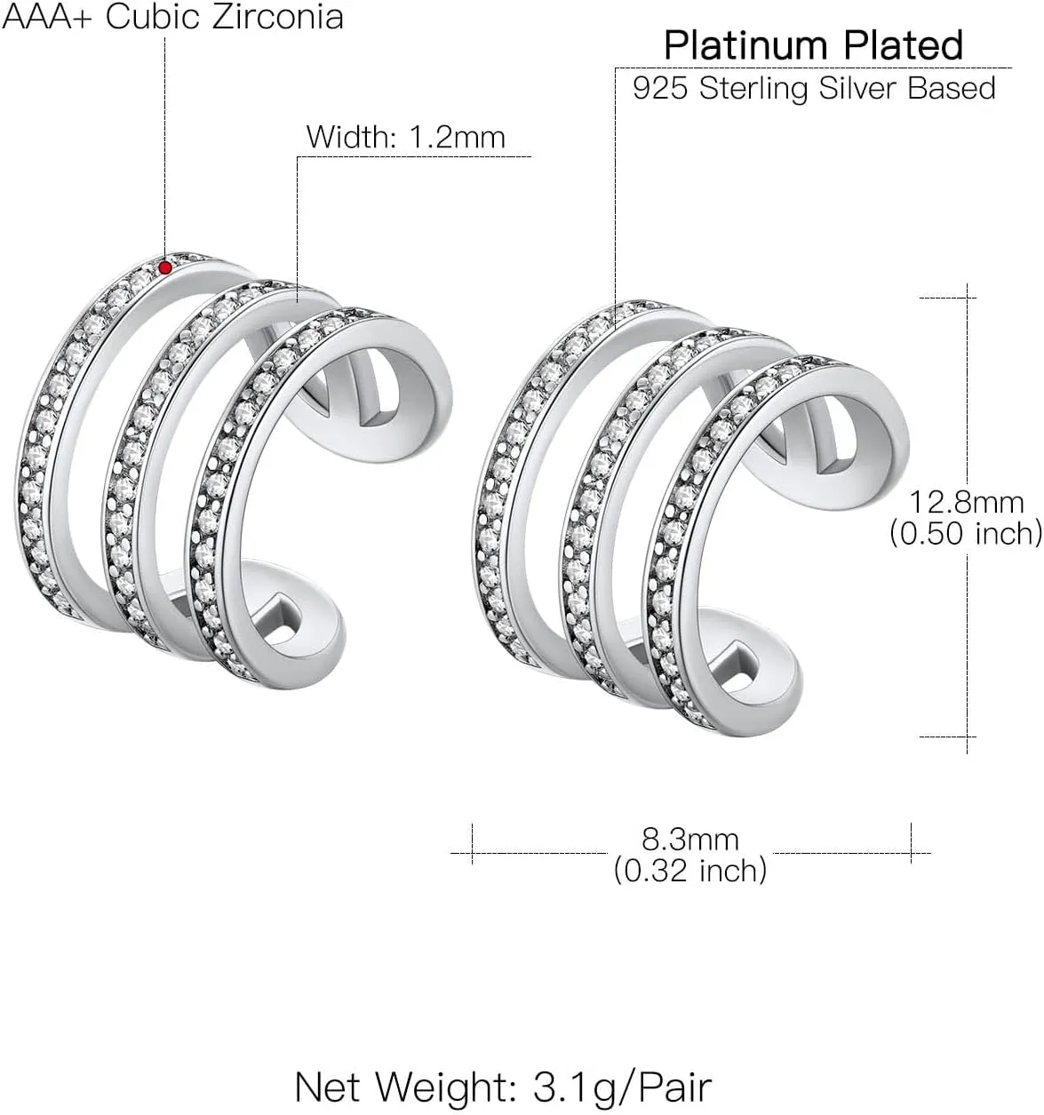 Suplight 925 Sterling Silver Ear Cuff Earrings for Women 22k Gold/White Gold/Black Plated Ear Cuffs Non Piercing, Hypoallergenic Cz Huggie Clip On Cartilage Earring Dainty Jewelry for Women