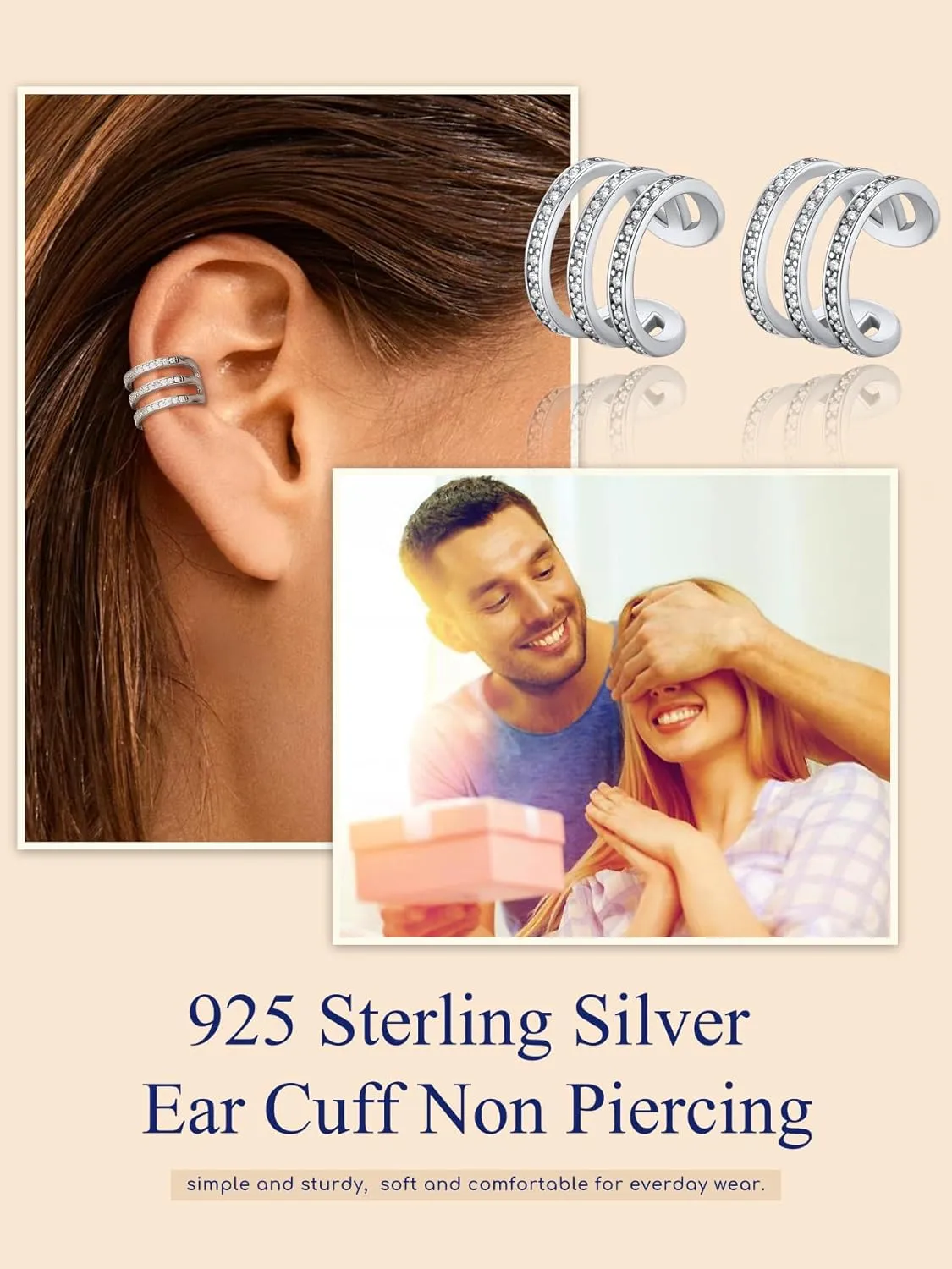 Suplight 925 Sterling Silver Ear Cuff Earrings for Women 22k Gold/White Gold/Black Plated Ear Cuffs Non Piercing, Hypoallergenic Cz Huggie Clip On Cartilage Earring Dainty Jewelry for Women