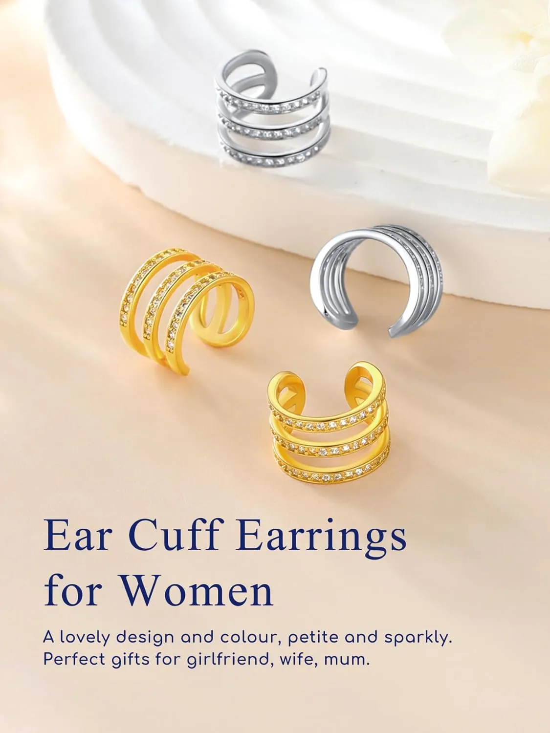 Suplight 925 Sterling Silver Ear Cuff Earrings for Women 22k Gold/White Gold/Black Plated Ear Cuffs Non Piercing, Hypoallergenic Cz Huggie Clip On Cartilage Earring Dainty Jewelry for Women