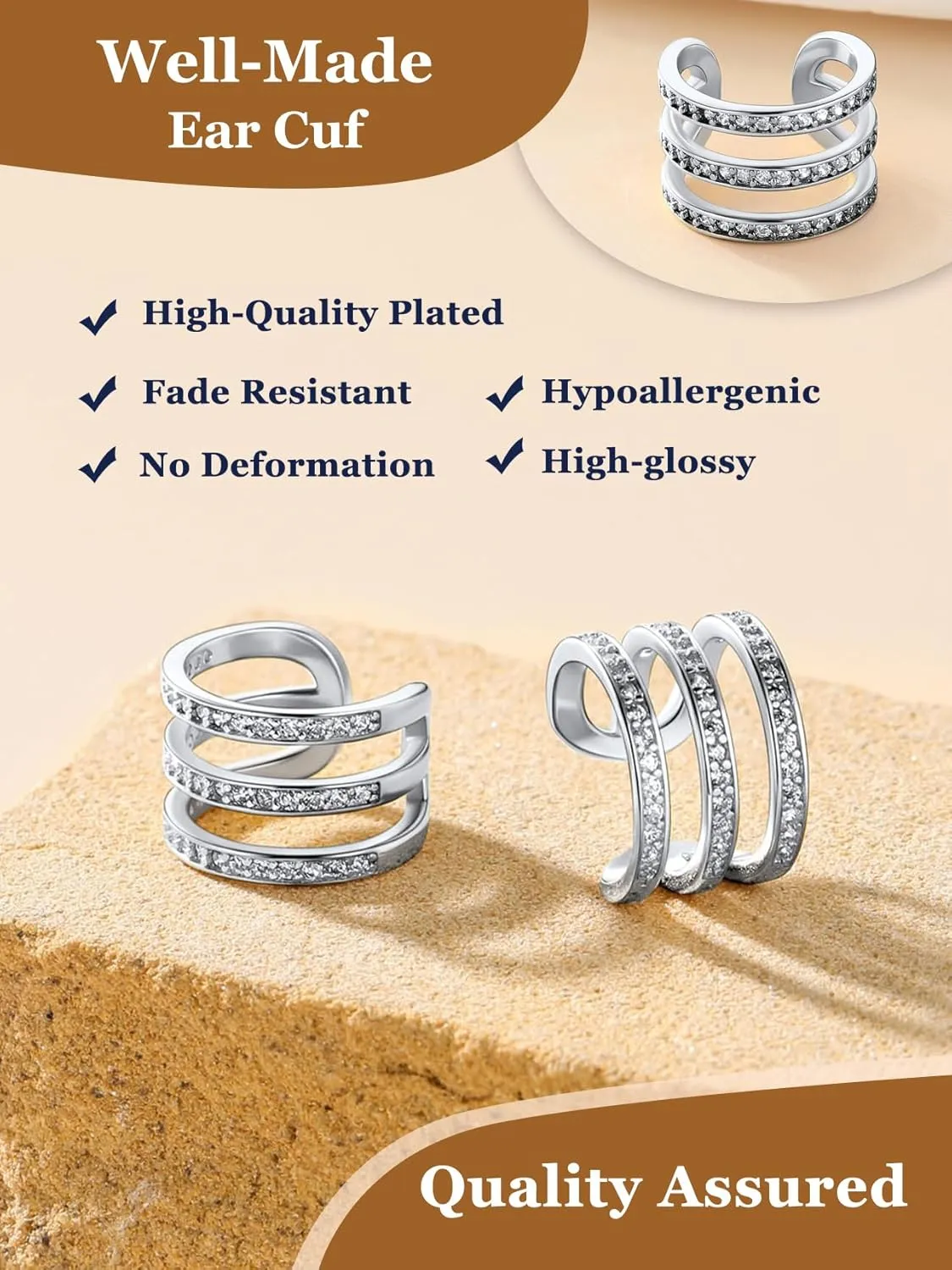 Suplight 925 Sterling Silver Ear Cuff Earrings for Women 22k Gold/White Gold/Black Plated Ear Cuffs Non Piercing, Hypoallergenic Cz Huggie Clip On Cartilage Earring Dainty Jewelry for Women