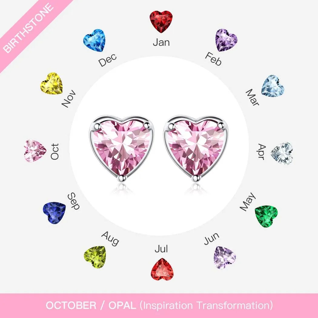 Suplight Dainty 925 Sterling Silver Birthstone Heart Crystal Necklace/Stud Earrings, Minimalist BirthStone Necklaces Earrings Jewelry for Women (with Gift Box)