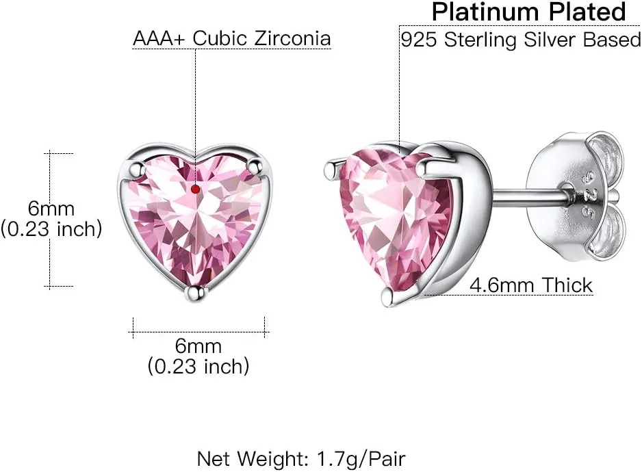 Suplight Dainty 925 Sterling Silver Birthstone Heart Crystal Necklace/Stud Earrings, Minimalist BirthStone Necklaces Earrings Jewelry for Women (with Gift Box)