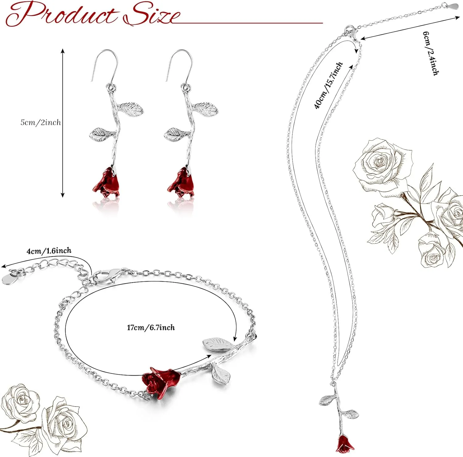 Sureio 18K Gold Plated Jewelry Set Rose Necklace Bracelet Earrings Red Rose Flower Pendant for Christmas Gift Women