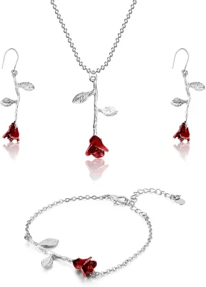 Sureio 18K Gold Plated Jewelry Set Rose Necklace Bracelet Earrings Red Rose Flower Pendant for Christmas Gift Women