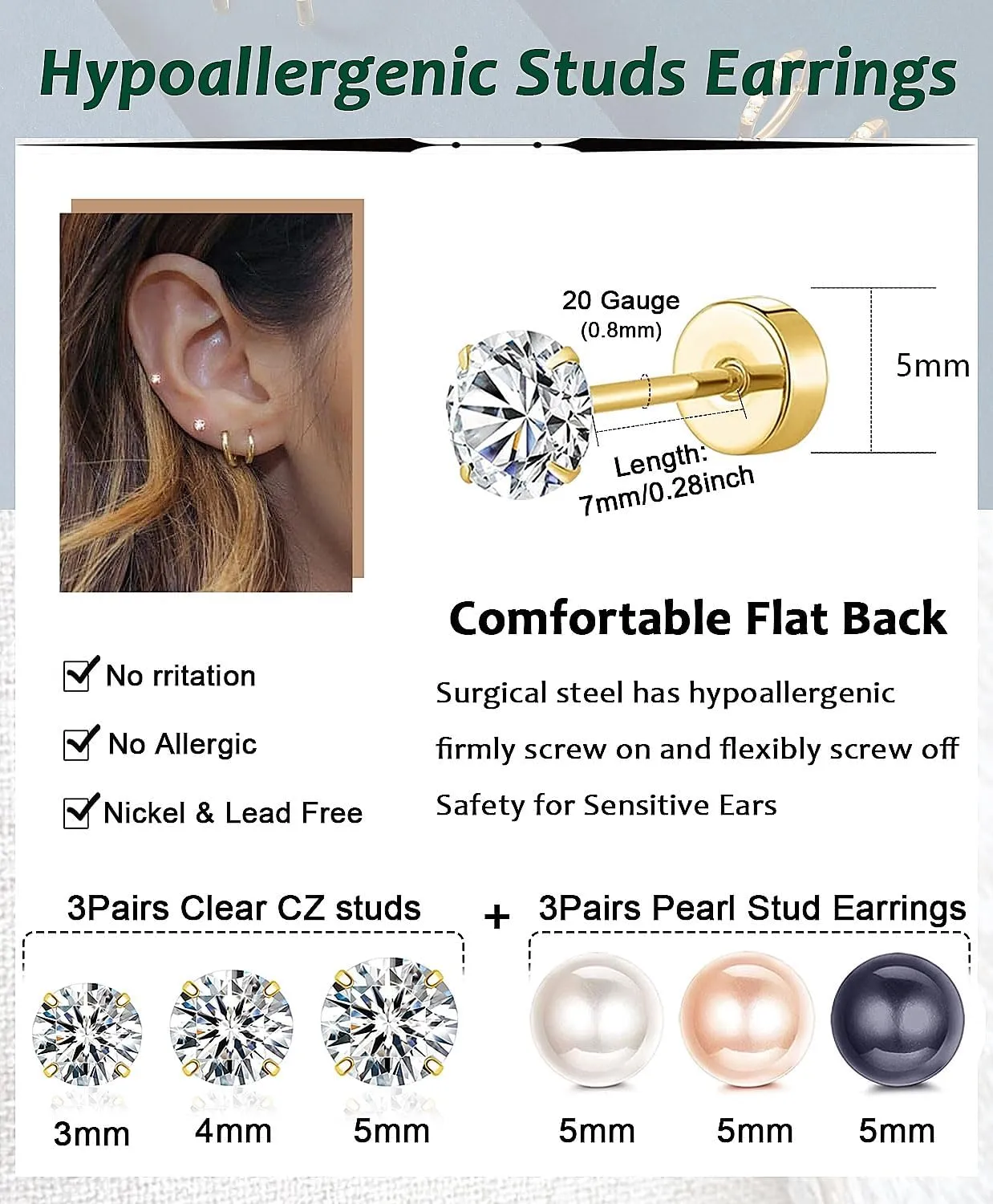 Surgical Steel Earrings Sets for Sensitive Ears Lightweight Small Huggie Hoop Earrings Hypoallergenic 20G Stainless Steel Opal Ball Pearl CZ Flat Back Earrings for Women Men Trendy Cartilage Earrings Hoop Stud