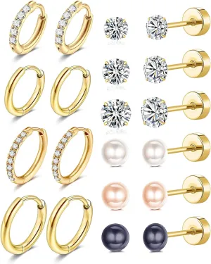 Surgical Steel Earrings Sets for Sensitive Ears Lightweight Small Huggie Hoop Earrings Hypoallergenic 20G Stainless Steel Opal Ball Pearl CZ Flat Back Earrings for Women Men Trendy Cartilage Earrings Hoop Stud