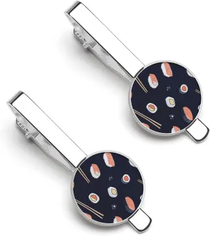 Sushi Pattern and Chopsticks Tie Clips for Men 2 Pcs Silver Necktie Tie Bar Pinch Clips Gift Ideas for Father Boyfriend 5.5x2.2cm