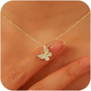 SUYACS 14K Gold Plated Butterfly Necklaces for Women 925 Sterling Silver Cute Butterfly CZ Pendant Necklace Dainty Insect Animal Charm Chain Necklace Jewelry Birthday Gifts for Mom Daughter