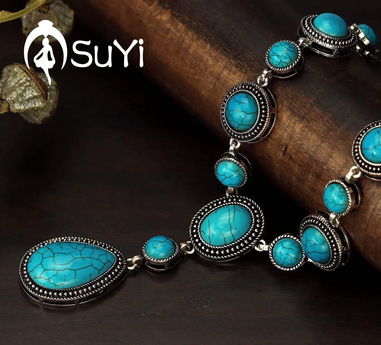 Suyi Long Pendant Turquoise Necklace for Women Bohemian Handmade Beaded Necklace jewelry