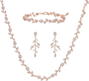 SWEETV Cubic Zirconia Wedding Jewelry Sets for Bride Bridesmaids, Crystal Leaf Vine Bridal Earrings and Necklace Set for Women Jewelry Gifts