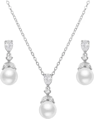SWEETV Pearl Wedding Jewelry Set For Brides, Cubic Zirconia Wedding Necklace and Earrings Set, Elegant Bridal Jewelry Set for Women Bridesmaids Prom