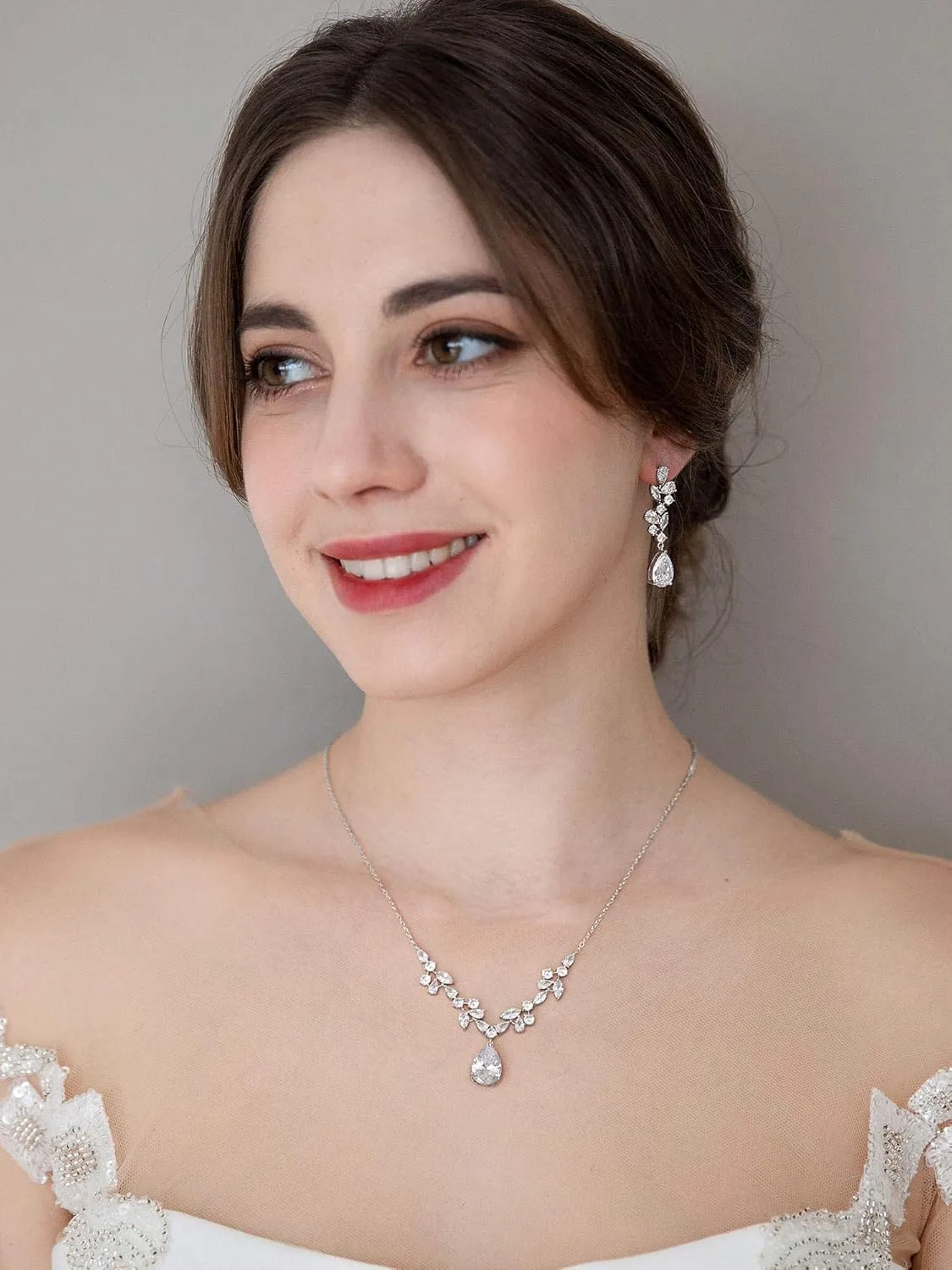 SWEETV Wedding Jewelry Sets for Brides Bridesmaid,Cubic Zirconia Teardrop Bridal Necklace Earrings Set Wedding Prom Jewelry for Women
