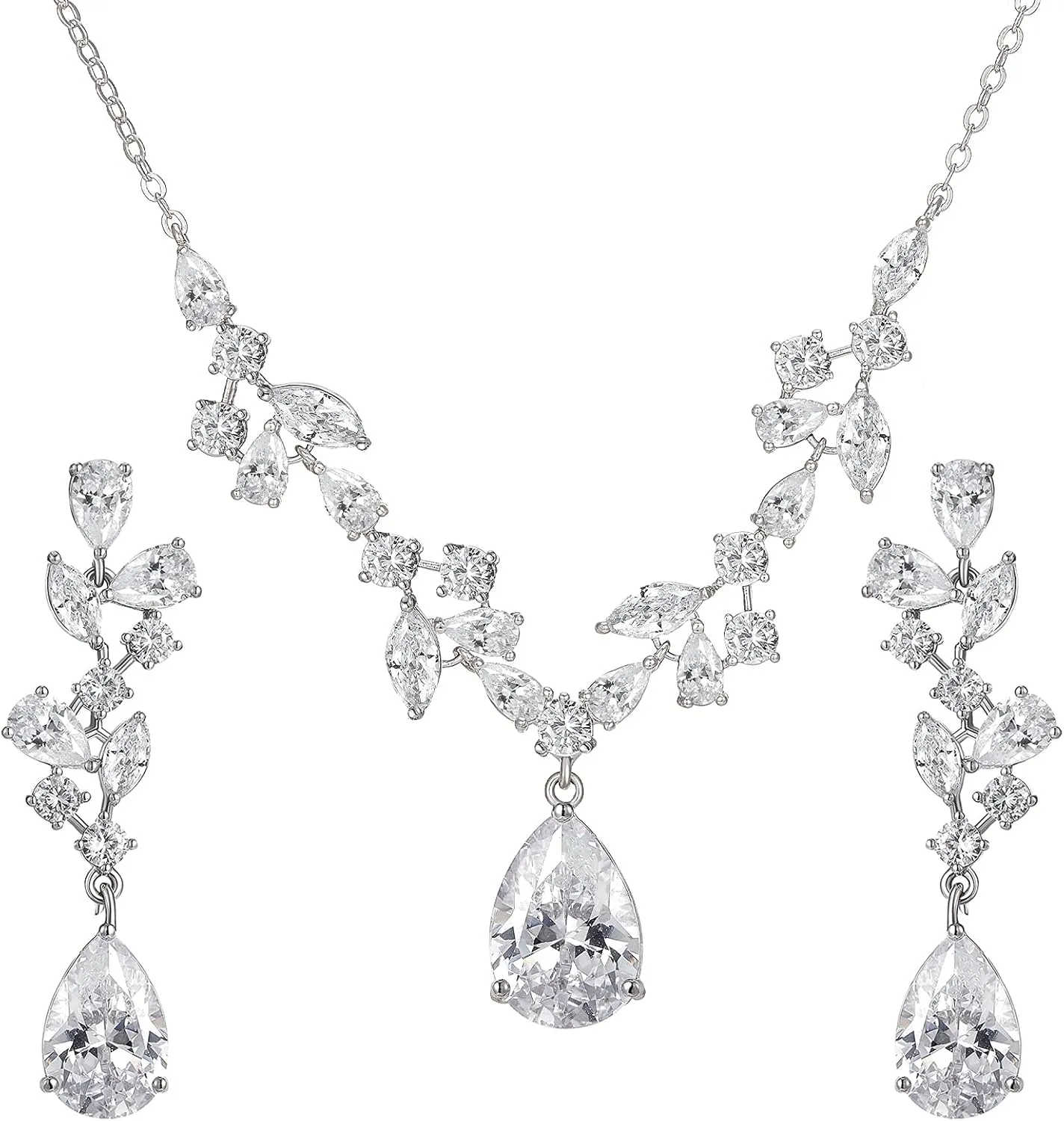 SWEETV Wedding Jewelry Sets for Brides Bridesmaid,Cubic Zirconia Teardrop Bridal Necklace Earrings Set Wedding Prom Jewelry for Women