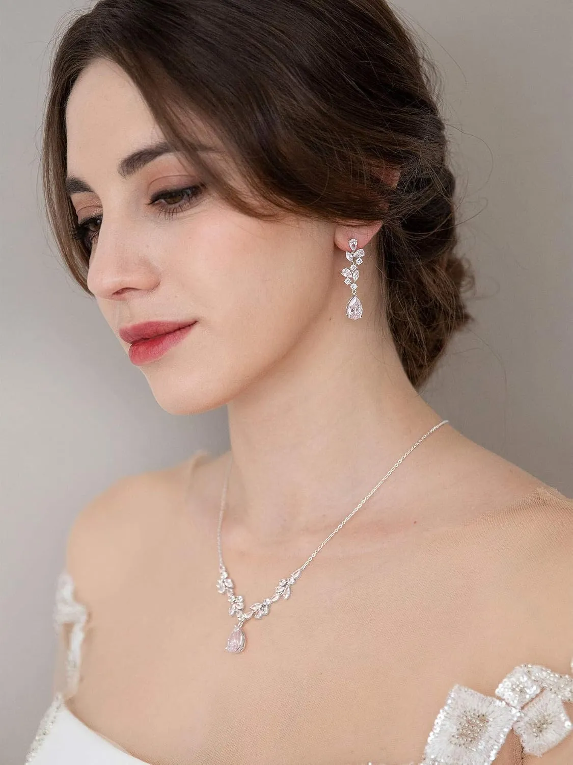 SWEETV Wedding Jewelry Sets for Brides Bridesmaid,Cubic Zirconia Teardrop Bridal Necklace Earrings Set Wedding Prom Jewelry for Women