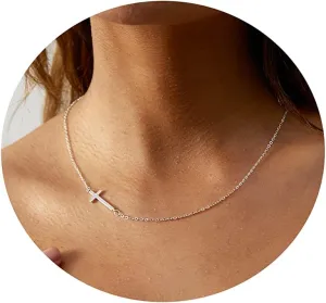Tasiso Cross Necklace for Women 14K Gold Plated Dainty Layered Cross Paperclip Chain Choker Necklace Set Horizontal Sideways Cross Necklace Minimalist Trendy Jewelry Gifts