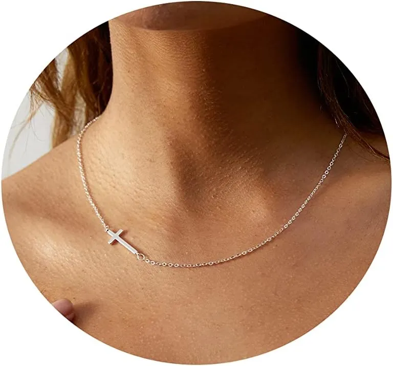 Tasiso Cross Necklace for Women 14K Gold Plated Dainty Layered Cross Paperclip Chain Choker Necklace Set Horizontal Sideways Cross Necklace Minimalist Trendy Jewelry Gifts