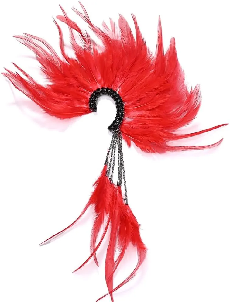 Tassel Rhinestone Ear Cuff Earrings None Piercing For Women Prom Long Left Red Feather Earrings Costume Wrap Ear Jewelry