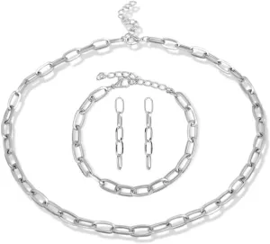 tenghong2021 14K Gold Plated Paperclip Alloy Link Chain Choker Necklace Bracelet Earrings Set Handmade Adjustable Oval Dainty Chunky Chain Flat Link Costume Jewelry Set for Women Gifts Jewelry