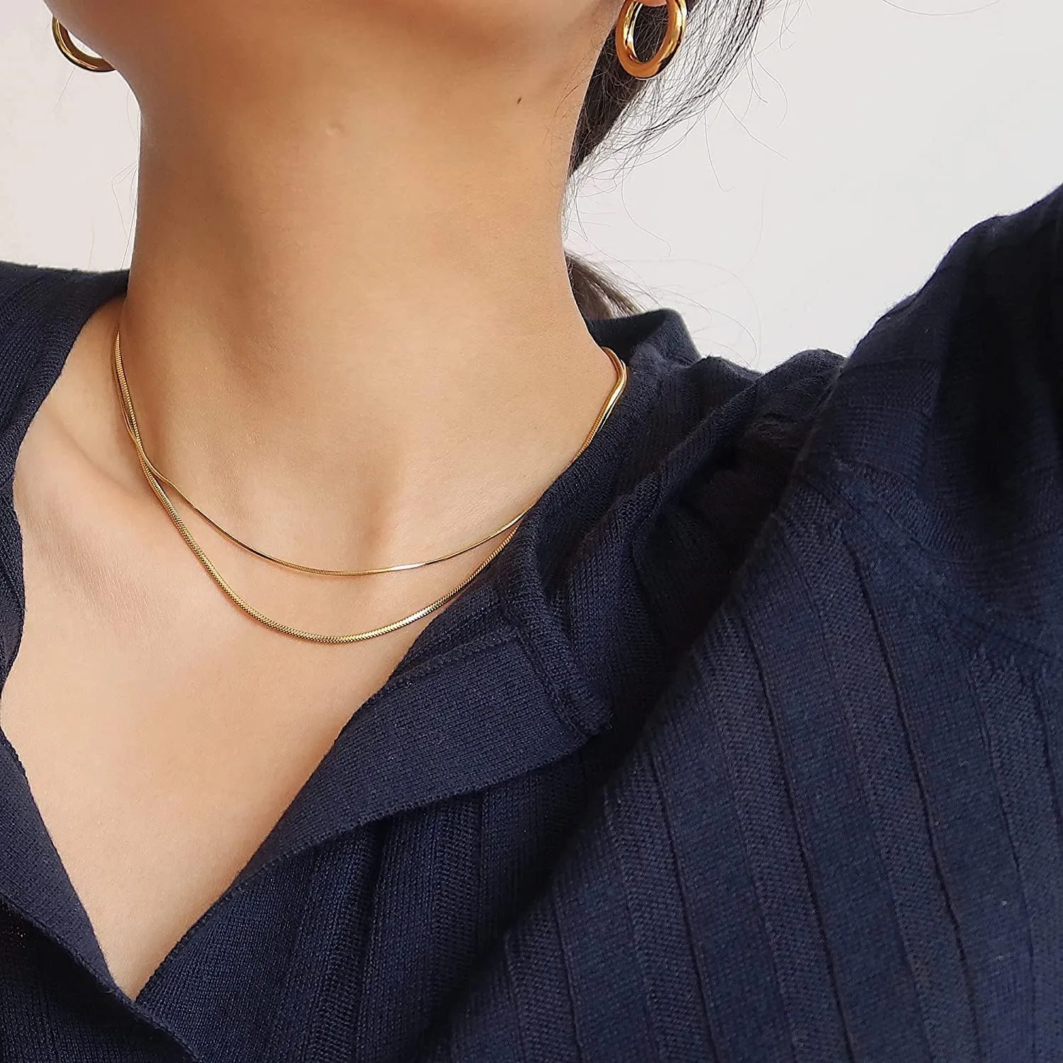 Tewiky Herringbone Necklace for Women Dainty 14k Gold Snake Chain Necklace Layered Gold Herringbone Double Flat Snake Chain Choker Necklace Thin Chunky Chain Necklace Gift for Her