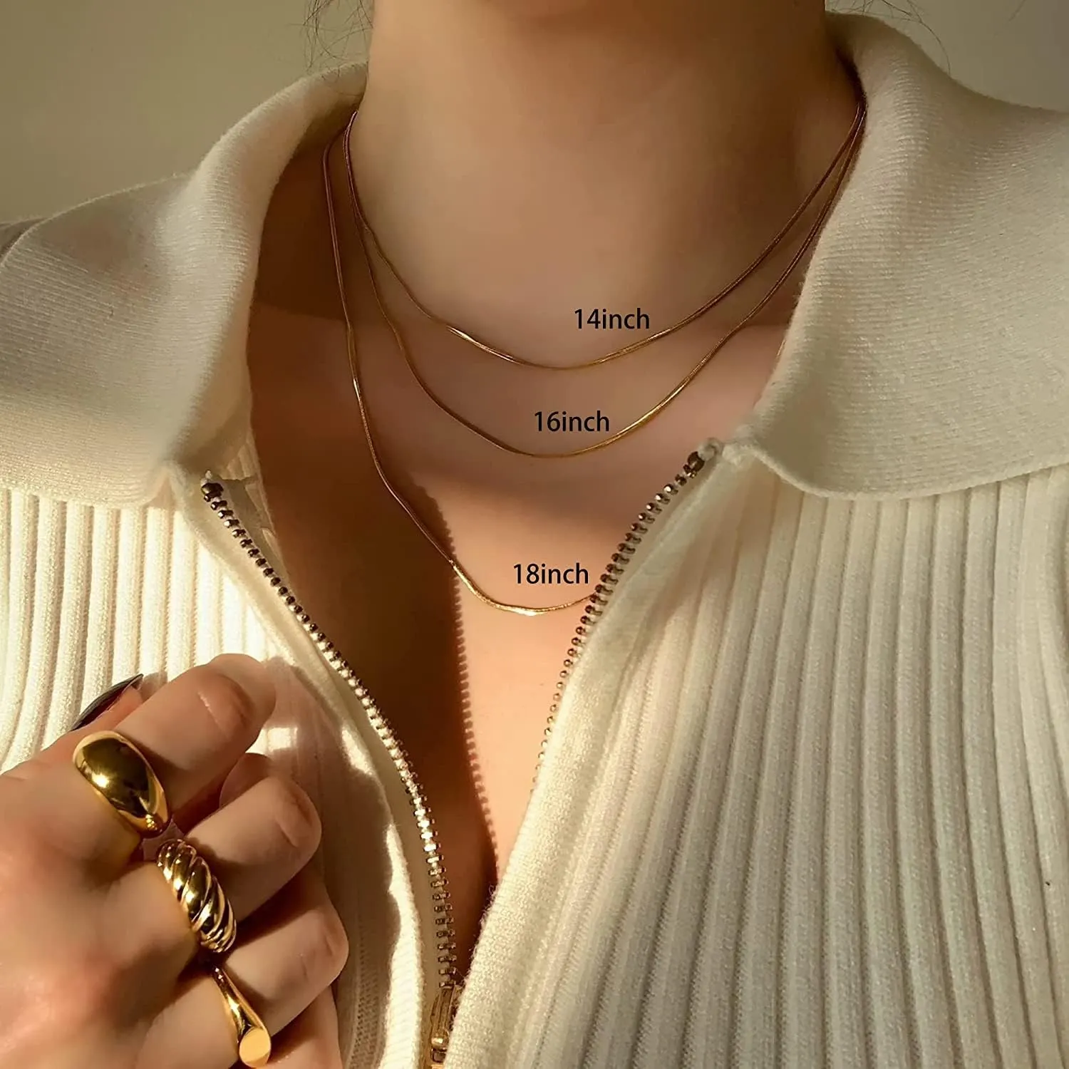 Tewiky Herringbone Necklace for Women Dainty 14k Gold Snake Chain Necklace Layered Gold Herringbone Double Flat Snake Chain Choker Necklace Thin Chunky Chain Necklace Gift for Her
