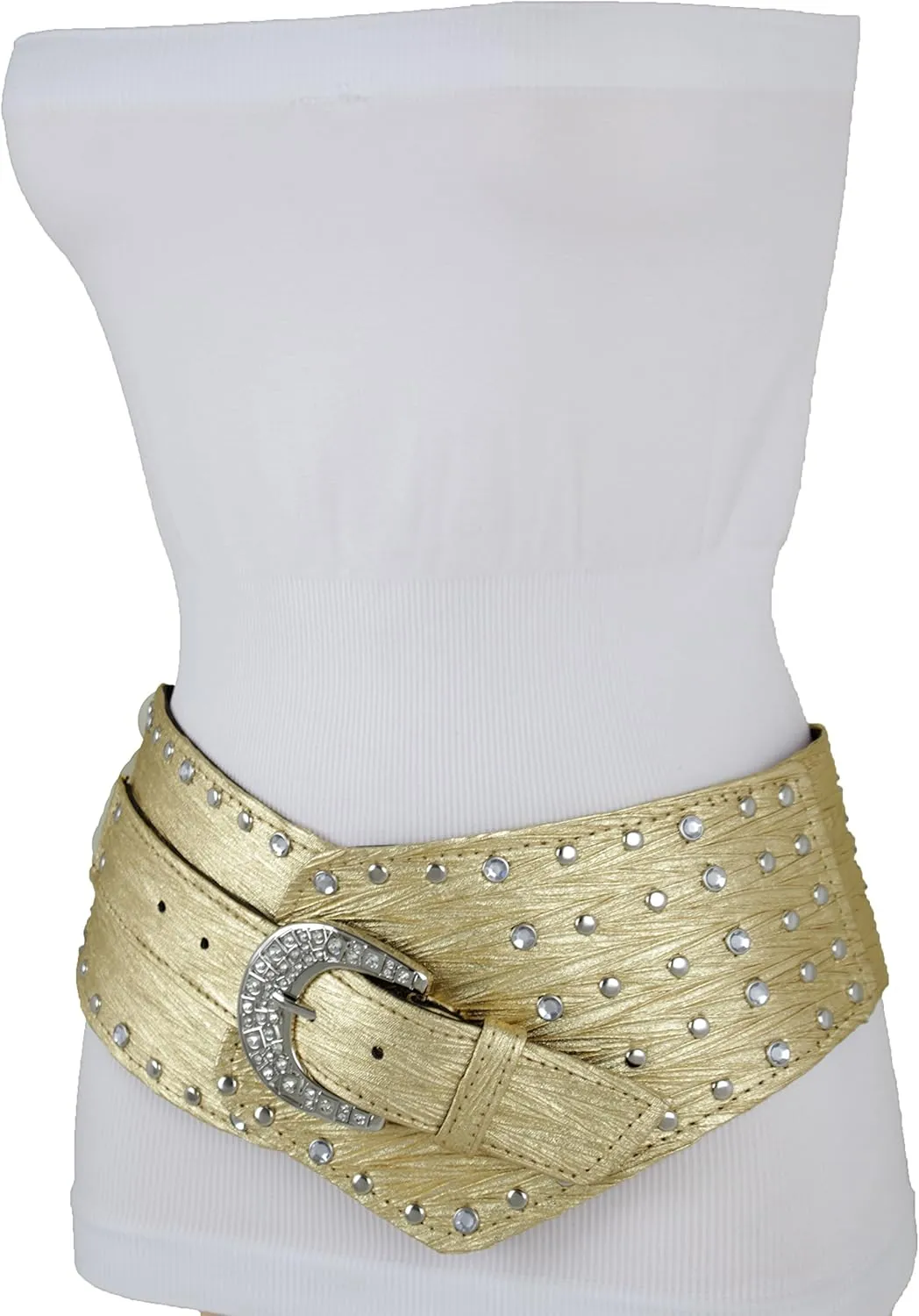 TFJ Women Wide Western Faux Leather Belt Hip Silver Studs Bling Buckle XS S M L XL