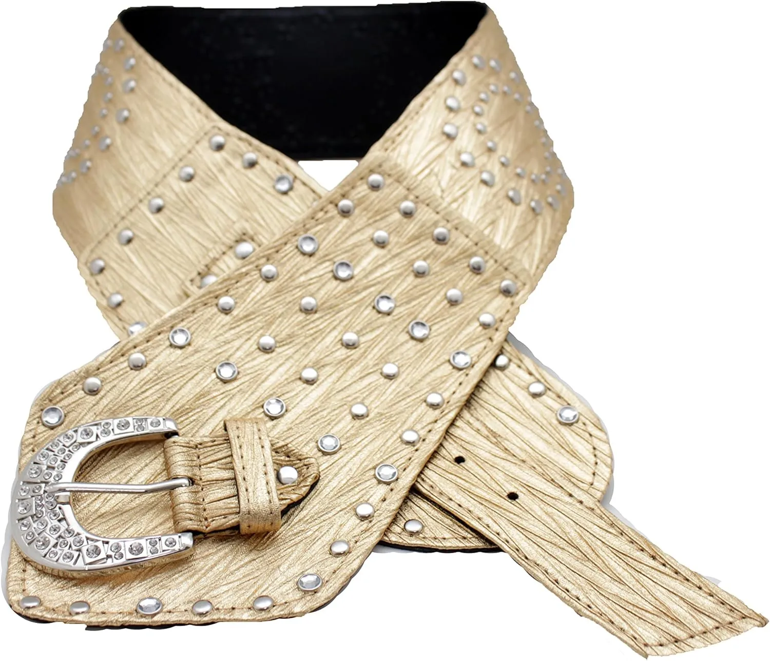 TFJ Women Wide Western Faux Leather Belt Hip Silver Studs Bling Buckle XS S M L XL
