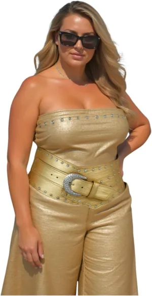 TFJ Women Wide Western Faux Leather Belt Hip Silver Studs Bling Buckle XS S M L XL