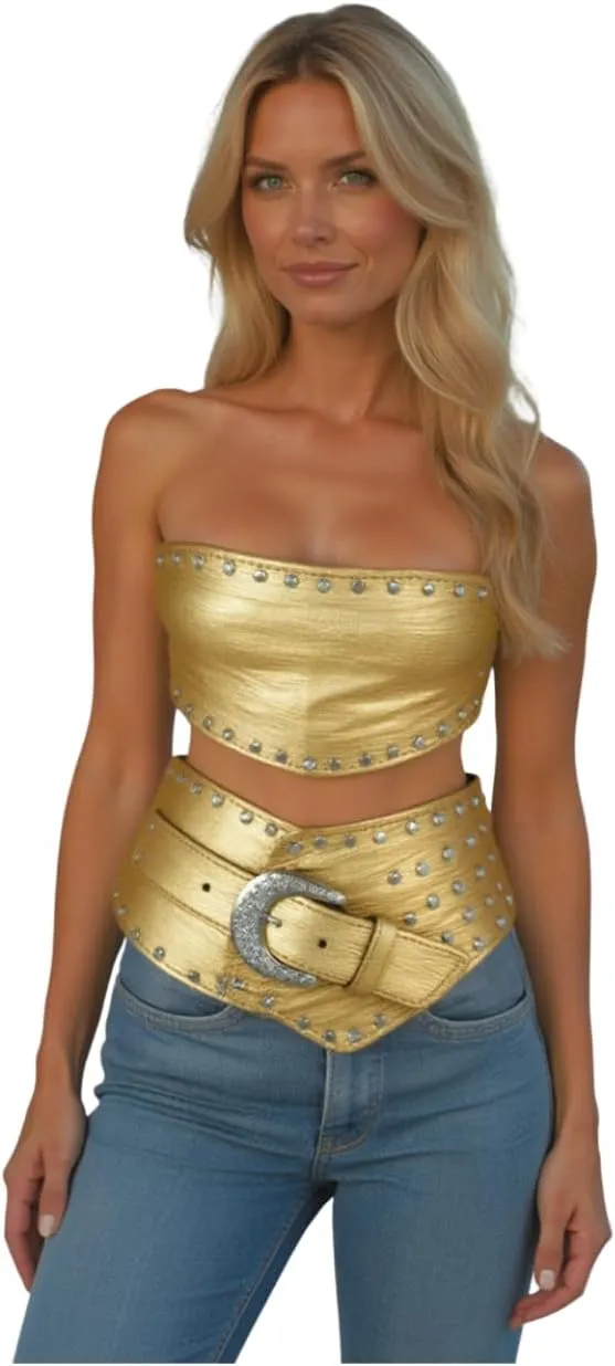 TFJ Women Wide Western Faux Leather Belt Hip Silver Studs Bling Buckle XS S M L XL