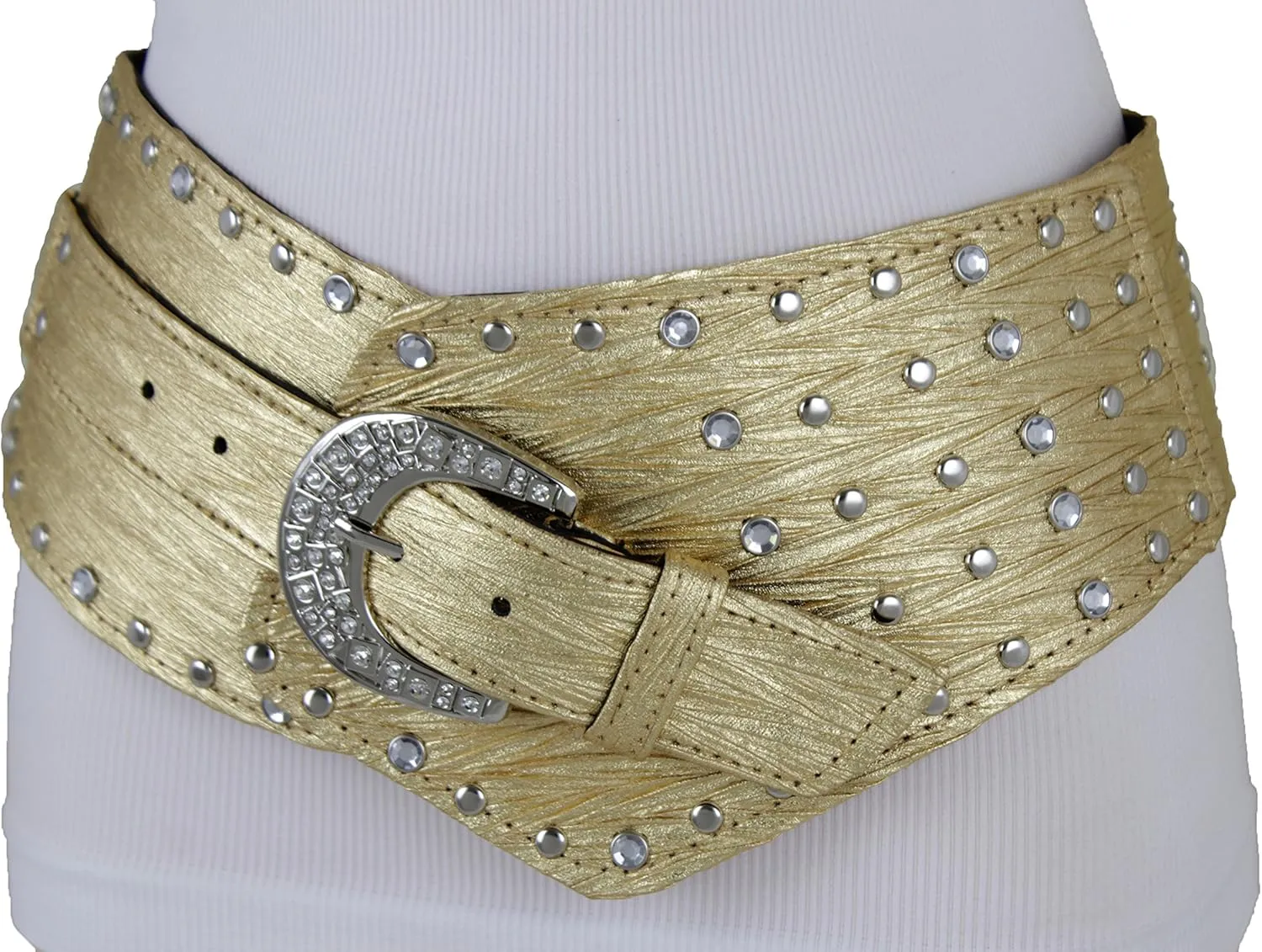TFJ Women Wide Western Faux Leather Belt Hip Silver Studs Bling Buckle XS S M L XL