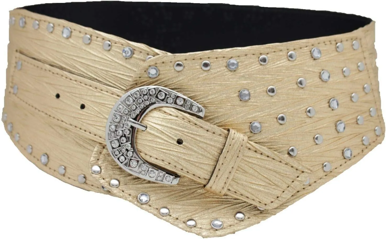 TFJ Women Wide Western Faux Leather Belt Hip Silver Studs Bling Buckle XS S M L XL