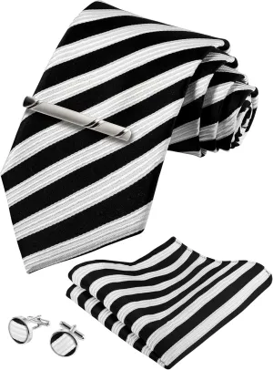 TIE G Stripe Plaid Mens Ties Set in Black Gift Box: Necktie and Pocket Square, Cufflinks, Tie Clip Formal Business Wedding
