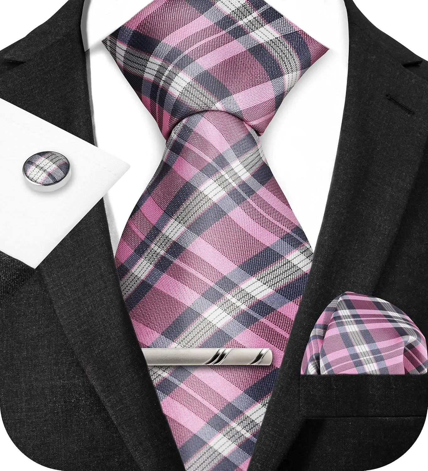 TIE G Stripe Plaid Mens Ties Set in Black Gift Box: Necktie and Pocket Square, Cufflinks, Tie Clip Formal Business Wedding
