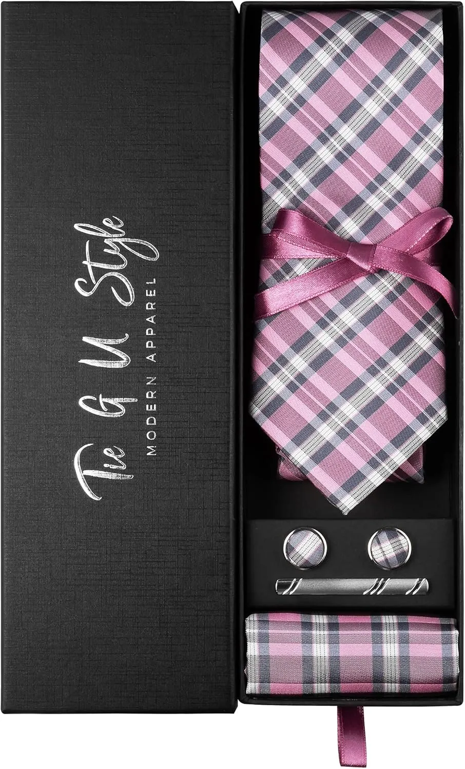 TIE G Stripe Plaid Mens Ties Set in Black Gift Box: Necktie and Pocket Square, Cufflinks, Tie Clip Formal Business Wedding