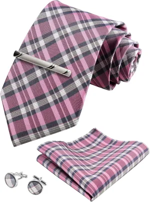 TIE G Stripe Plaid Mens Ties Set in Black Gift Box: Necktie and Pocket Square, Cufflinks, Tie Clip Formal Business Wedding