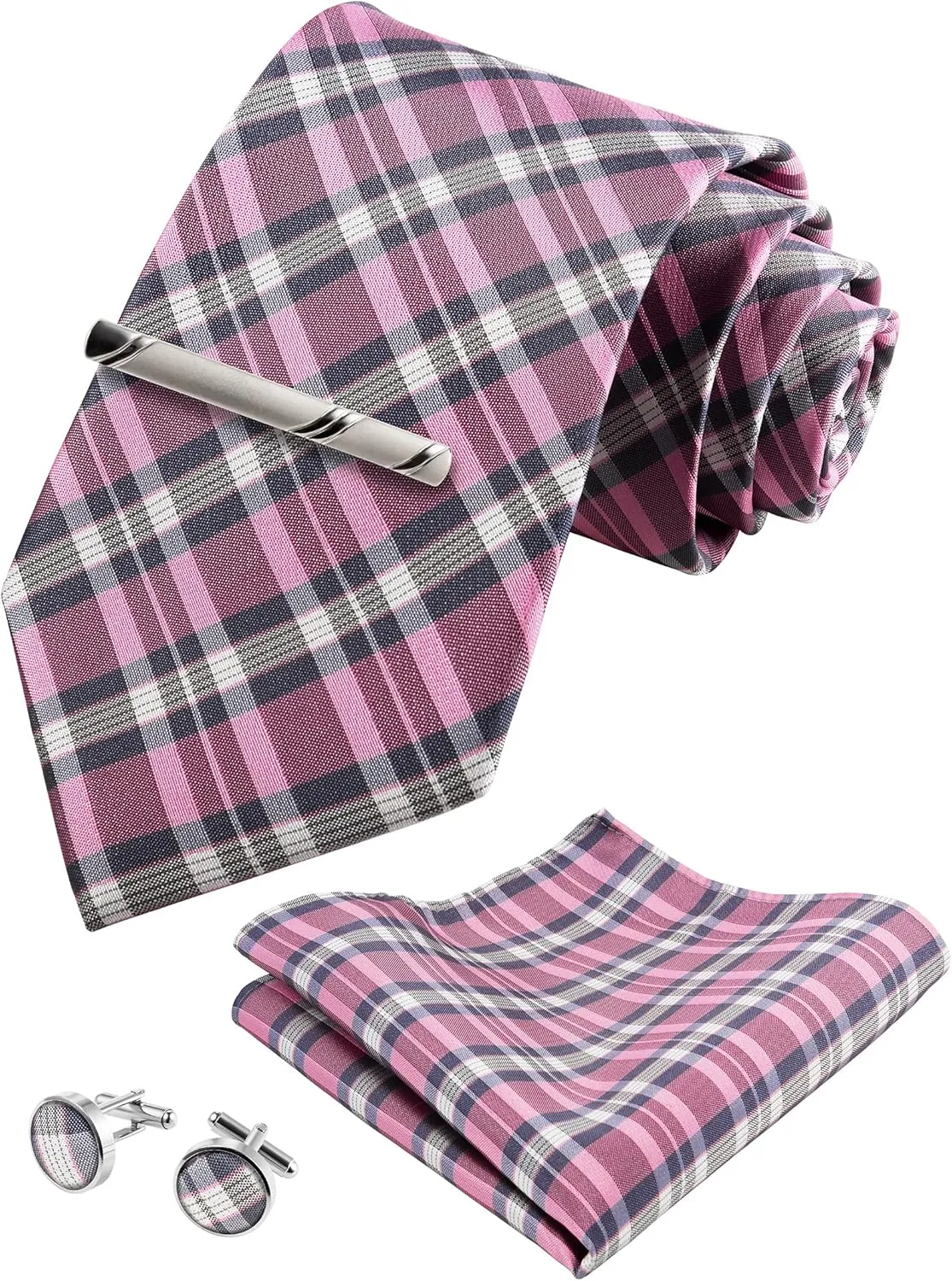 TIE G Stripe Plaid Mens Ties Set in Black Gift Box: Necktie and Pocket Square, Cufflinks, Tie Clip Formal Business Wedding