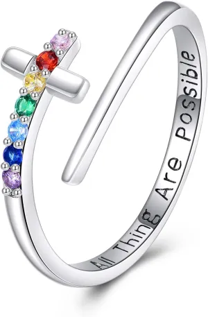 TIGER RIDER Cross Rings 925 Sterling Silver Adjustable Open Ring Inspirational Faith Ring 7 Chakras Cross Jewelry Birthday Gifts for Women