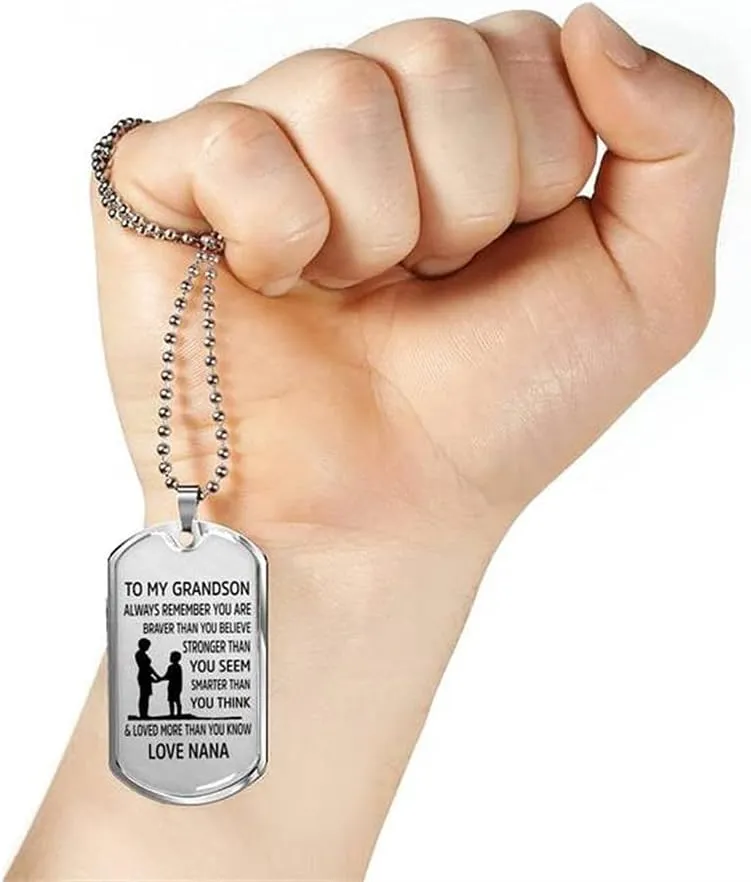 To My Grandson Necklace, Always Remember You are Braver Pendant Necklace, Stainless Steel Dog Tag Inspirational Gifts