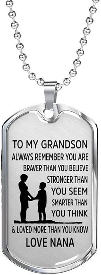To My Grandson Necklace, Always Remember You are Braver Pendant Necklace, Stainless Steel Dog Tag Inspirational Gifts