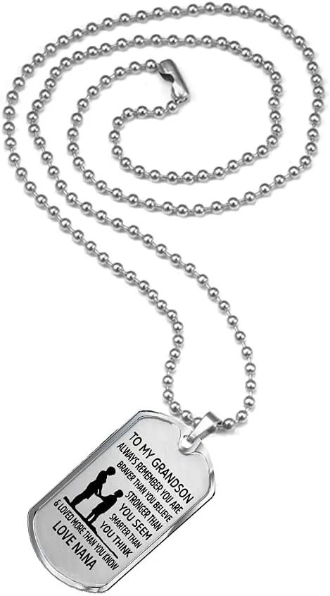 To My Grandson Necklace, Always Remember You are Braver Pendant Necklace, Stainless Steel Dog Tag Inspirational Gifts