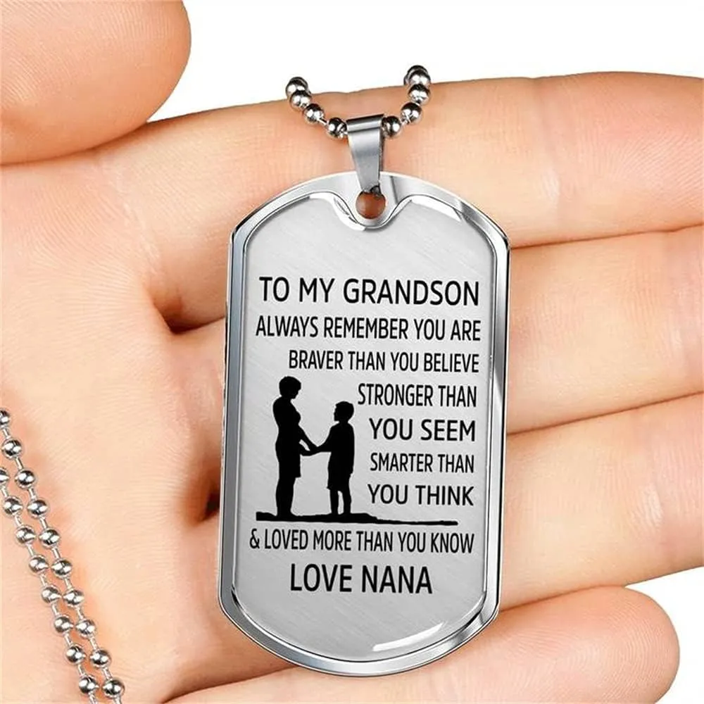 To My Grandson Necklace, Always Remember You are Braver Pendant Necklace, Stainless Steel Dog Tag Inspirational Gifts