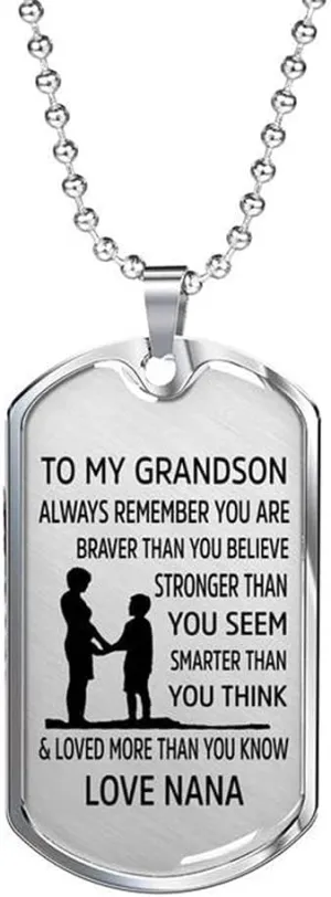 To My Grandson Necklace, Always Remember You are Braver Pendant Necklace, Stainless Steel Dog Tag Inspirational Gifts