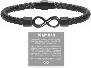To My Man - Infinity Personalized Bracelet, Custom Name Bracelet for Men Braided Cuff Bracelet Stainless Steel Clasp Christmas Birthday Anniversary Jewelry Gift for Men