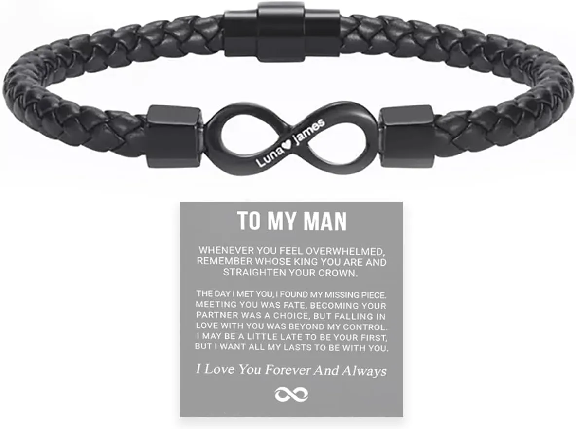 To My Man - Infinity Personalized Bracelet, Custom Name Bracelet for Men Braided Cuff Bracelet Stainless Steel Clasp Christmas Birthday Anniversary Jewelry Gift for Men