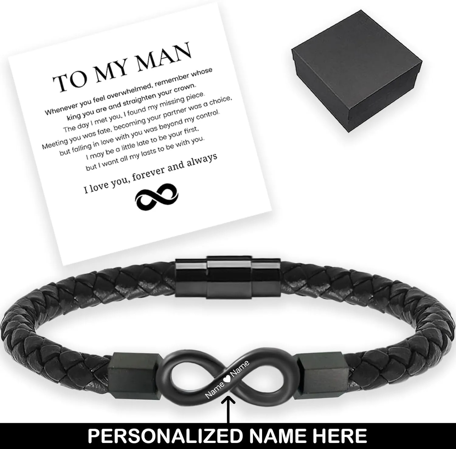 To My Man, Personalized Dual Name Infinity Leather Bracelet, Personalized Custom Name Bracelet for Men, I Love You Forever and Always Stainless steel Braided Bracelet