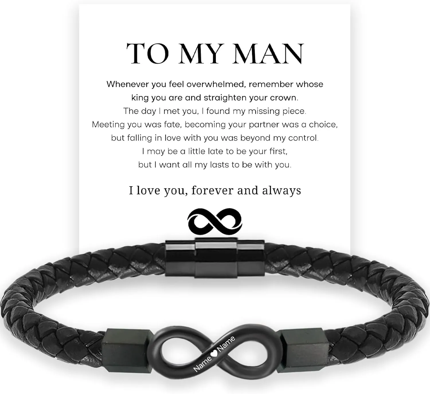 To My Man, Personalized Dual Name Infinity Leather Bracelet, Personalized Custom Name Bracelet for Men, I Love You Forever and Always Stainless steel Braided Bracelet