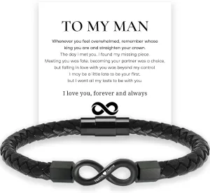 To My Man, Personalized Dual Name Infinity Leather Bracelet, Personalized Custom Name Bracelet for Men, I Love You Forever and Always Stainless steel Braided Bracelet