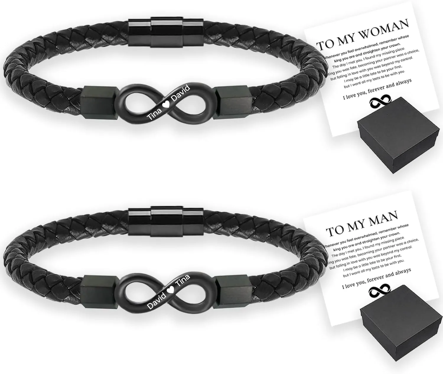 To My Man, To My Woman, Personalized Custom Name Bracelet, 2pcs Personalized Dual Name Infinity Leather Bracelet, Stainless steel Braided Bracelet.
