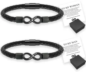 To My Man, To My Woman, Personalized Custom Name Bracelet, 2pcs Personalized Dual Name Infinity Leather Bracelet, Stainless steel Braided Bracelet.